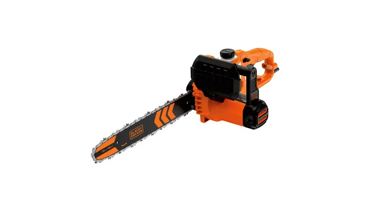 Black & Decker BECS600 8 Amp 14-Inch Corded Chainsaw in orange and black.