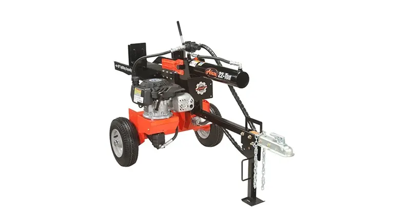 Ariens 22 Ton Log Splitter on white background showing engine and tow hitch.