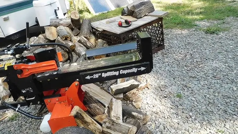 Ariens 22 Ton Log Splitter in use with split logs around it.