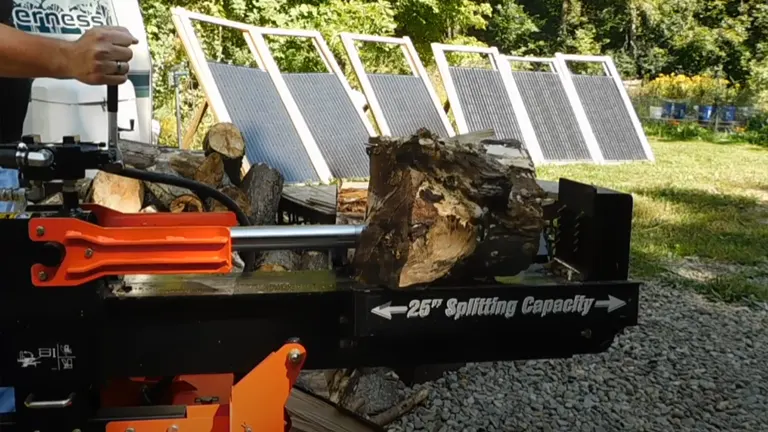 Ariens 22 Ton Log Splitter in action, splitting a large log.