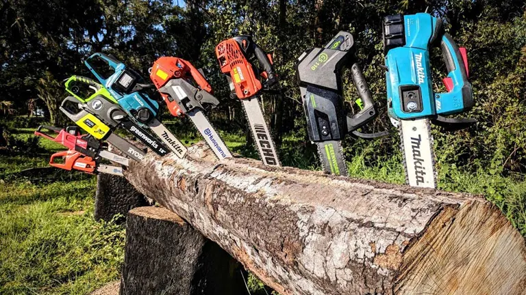 Various chainsaws displayed on a log outdoors, showcasing top options for Best Black Friday Chainsaw Deals for 2024.