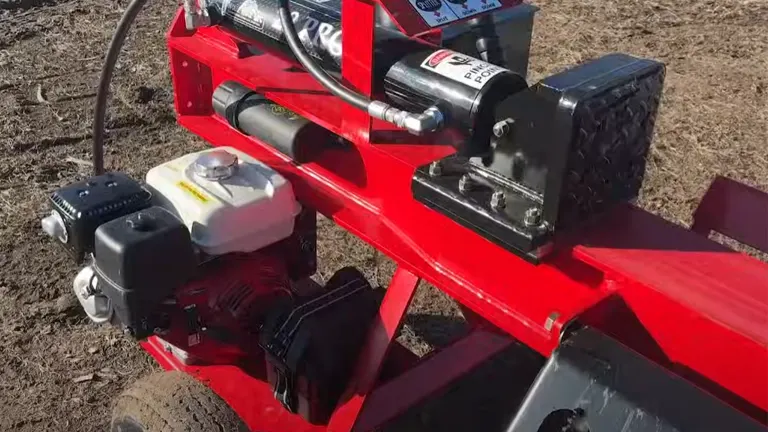 Close-up of Wolfe Ridge 28 Pro Log Splitter’s engine and hydraulic components.