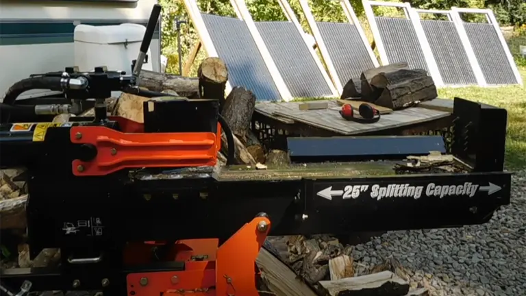 Ariens 22 Ton Log Splitter with logs and safety gear nearby.