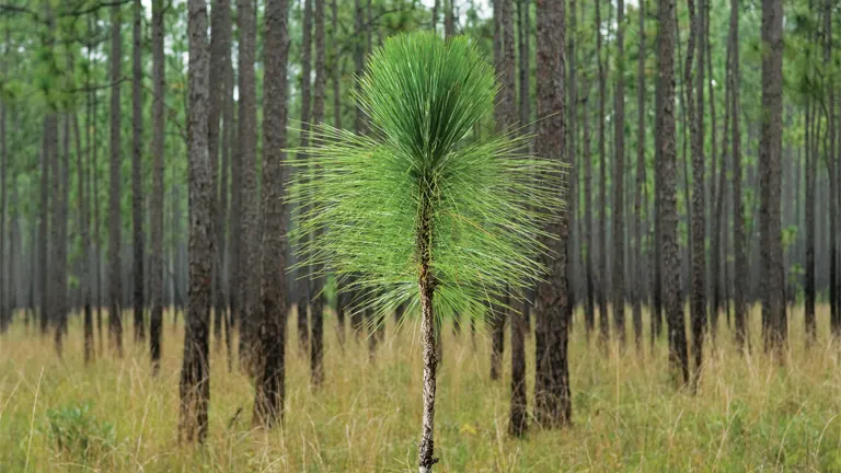 Young Longleaf Pine tree with long green needles in a forest of mature Longleaf Pines.