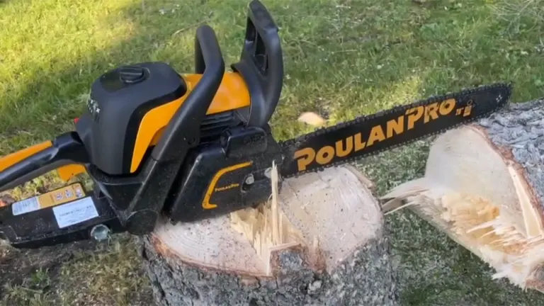 Poulan Pro 50cc PR5020 chainsaw cutting a tree stump.