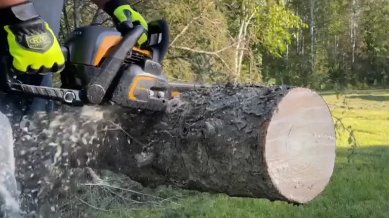 Poulan Pro 50cc PR5020 chainsaw resting on a cut tree stump.