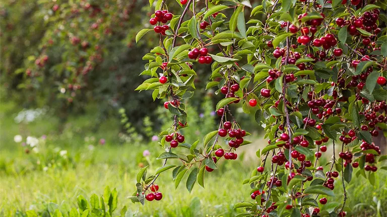 Branches of a Pin Cherry Tree with bright red cherries hanging among green leaves, set against a grassy background.