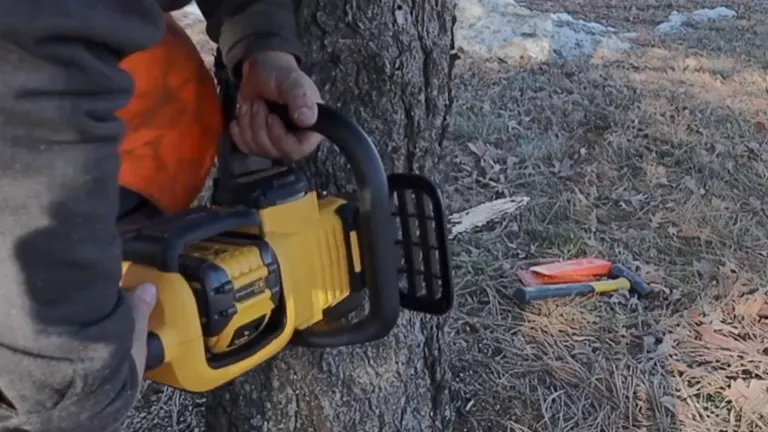 User preparing to cut a tree with the Dewalt DCCS670T1 Flexvolt Brushless Chainsaw.



