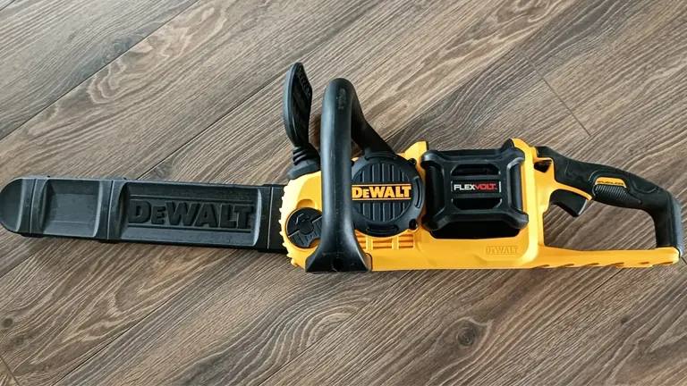 Dewalt DCCS670T1 Flexvolt Brushless Chainsaw on a wooden floor, showing its 16-inch bar, ergonomic handle, and battery compartment.