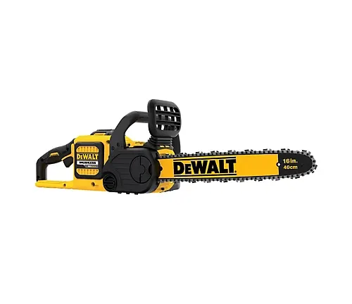 Dewalt DCCS670T1 Flexvolt 16-inch Brushless Chainsaw with ergonomic handle and battery compartment.