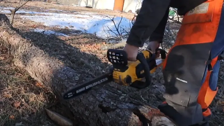 User cutting a fallen tree with the Dewalt DCCS670T1 Flexvolt Brushless Chainsaw.